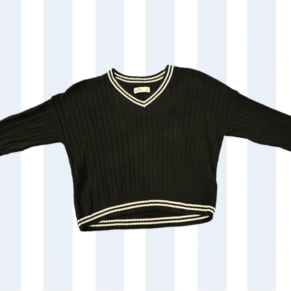 Hollister Cable Knit V Neck Sweater Black Wht Trim Preppy Tennis Core Cropped SM